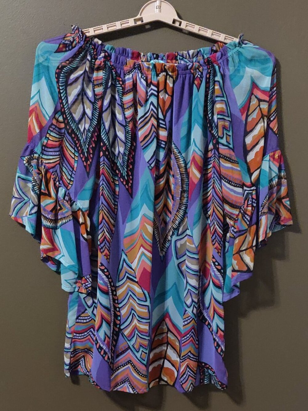 Karlie Purple & Green Feathers Boho Dress With Ruffle Sleeves Size Large